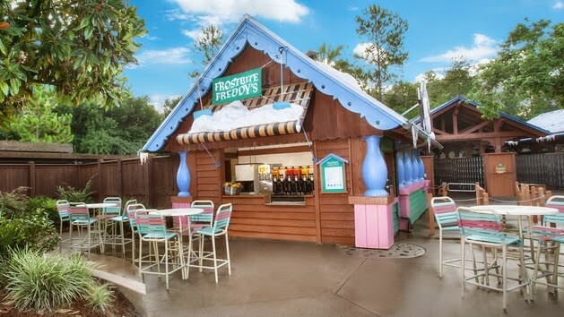 Frente da sorveteria Frostbite Freddy's Frozen no Disney blizzard Beach em Orlando