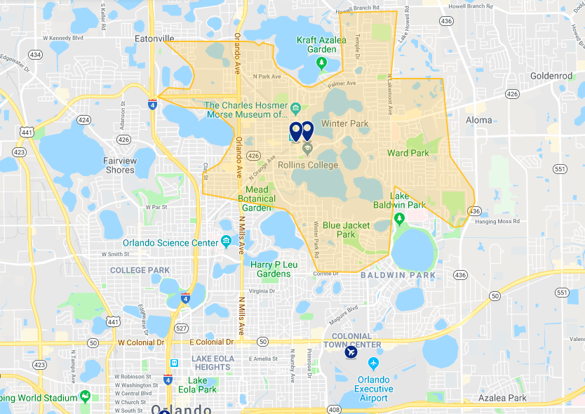 Mapa de hotéis em Winter Park