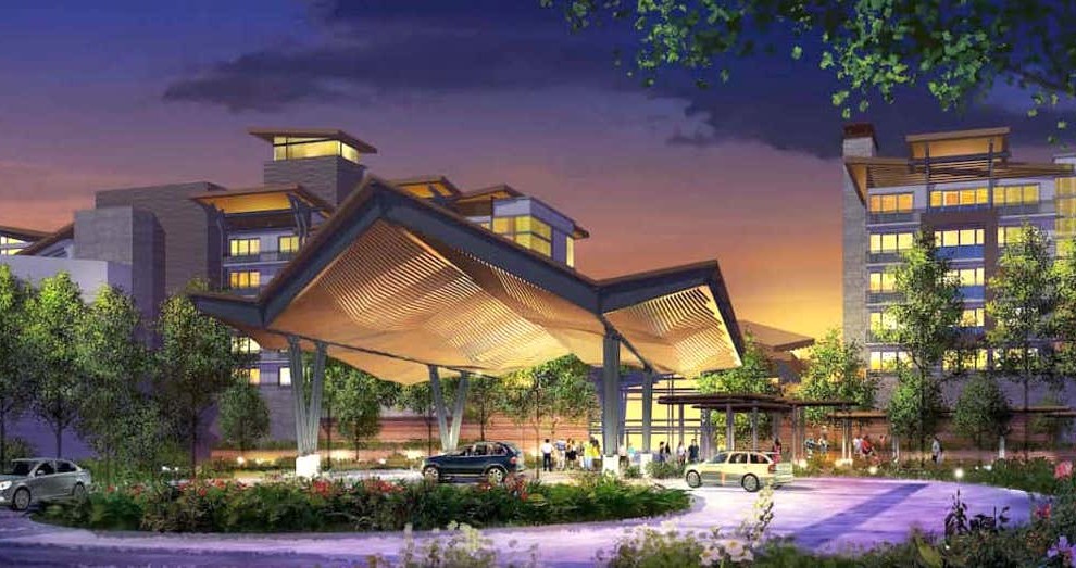 Arte conceitual da entrada do Hotel Reflections: A Disney Lakeside Lodge em Orlando